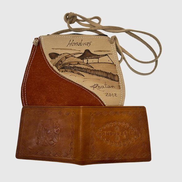 Handcrafted Honduras Roatán 2012 Leather Souvenir Bag & Wallet Set - Picture 8 of 10
